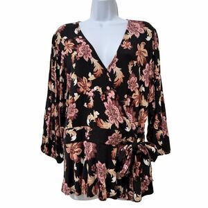 Lauren Ralph Lauren Women Faux Wrap Floral Top Size L Black Stretch Dark Cottage